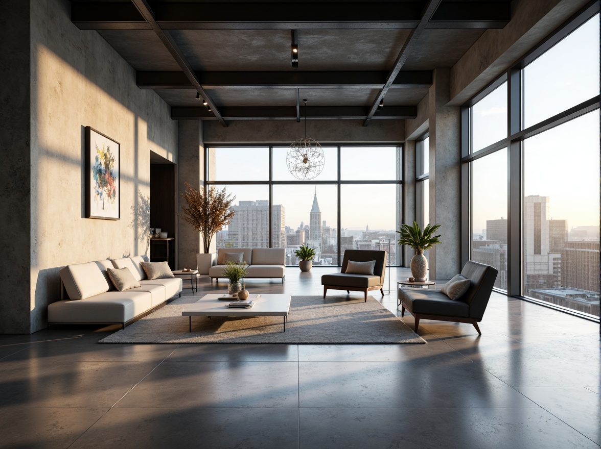 Prompt: Minimalist interior, sleek lines, monochromatic color scheme, polished concrete floors, industrial metal beams, floor-to-ceiling windows, natural light, airy open spaces, geometric furniture, low-profile sofas, minimalist decor, abstract artwork, urban city views, modern chandeliers, recessed lighting, soft warm glow, 1/1 composition, shallow depth of field, realistic textures, ambient occlusion.