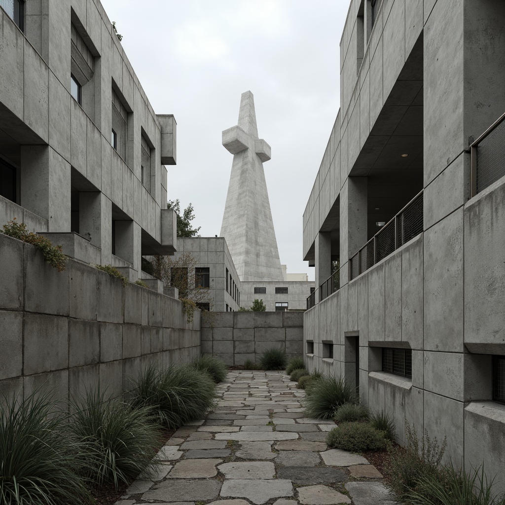 Prompt: Exposed concrete walls, rugged textures, brutalist architecture, fortress-like buildings, angular forms, massive columns, raw concrete surfaces, industrial materials, functional simplicity, minimal ornamentation, bold structural elements, dramatic cantilevers, abstract sculptures, urban landscapes, overcast skies, high-contrast lighting, deep shadows, 1/2 composition, cinematic framing, gritty realistic textures.