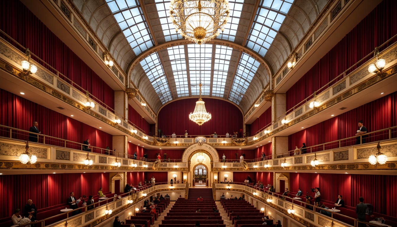 Prompt: Grand opera house, sweeping curved architecture, transparent glass panels, crystalline structures, luxurious red velvet curtains, ornate golden details, majestic high ceilings, intricate chandeliers, spacious auditorium, plush seating areas, dramatic spotlights, soft warm ambiance, shallow depth of field, 1/1 composition, symmetrical framing, elegant reflective surfaces, subtle natural light, vibrant colorful textures, opulent interior design.