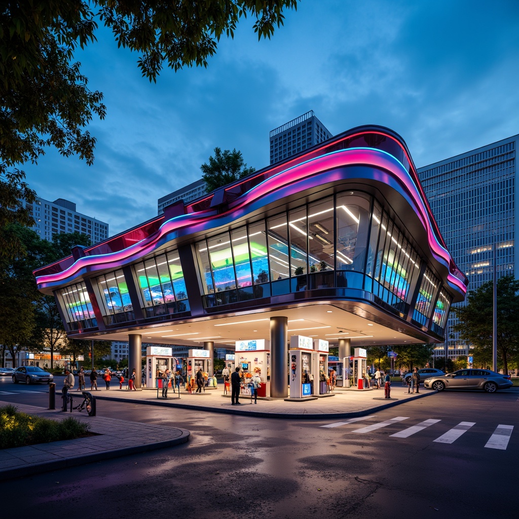 Prompt: Vibrant gas station, futuristic metabolism architecture, neon-lit canopy, iridescent fuel pumps, metallic fins, translucent glass walls, glowing LED lights, curved lines, biomorphic forms, sustainable energy systems, solar panels, wind turbines, green roofs, eco-friendly materials, innovative ventilation systems, shaded outdoor spaces, misting systems, industrial-chic decor, exposed ductwork, distressed metal textures, urban cityscape, busy streets, day-night cycle, cinematic lighting, shallow depth of field, 1/1 composition, realistic reflections.