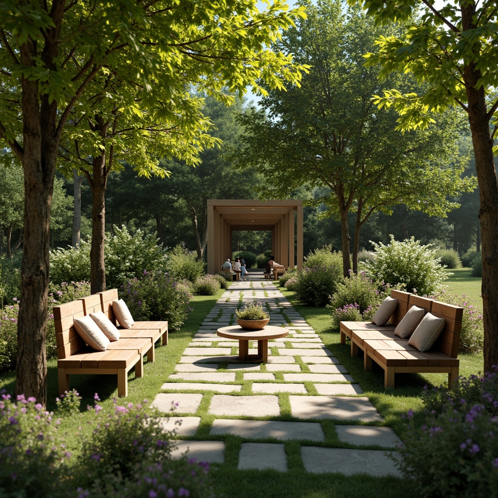 Prompt: Rustic wooden benches, natural stone seating areas, lush greenery surroundings, vibrant flowers, soft grassy lawns, serene forest ambiance, warm sunny day, dappled shade, gentle breezes, comfortable cushions, woven wicker furniture, earthy color palette, organic textures, 1/1 composition, shallow depth of field, realistic foliage, ambient occlusion.