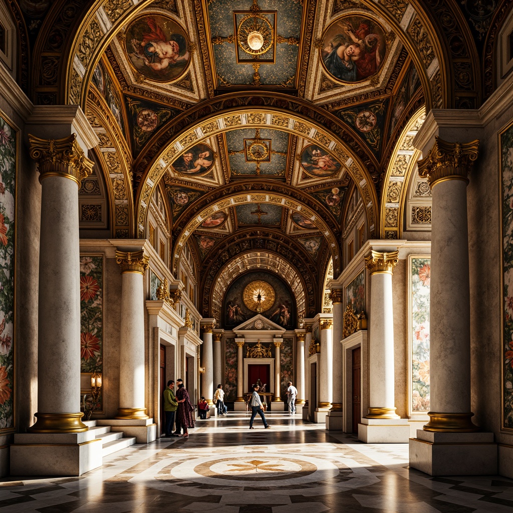 Prompt: Intricate mosaics, golden accents, ornate carvings, marble columns, vaulted ceilings, grand archways, lavish frescoes, rich tapestries, ornamental capitals, polished stone floors, intricate stonework, Byzantine-inspired patterns, vibrant jewel tones, warm golden lighting, high contrast shadows, dramatic chiaroscuro, 1/1 composition, central perspective, realistic textures, ambient occlusion.