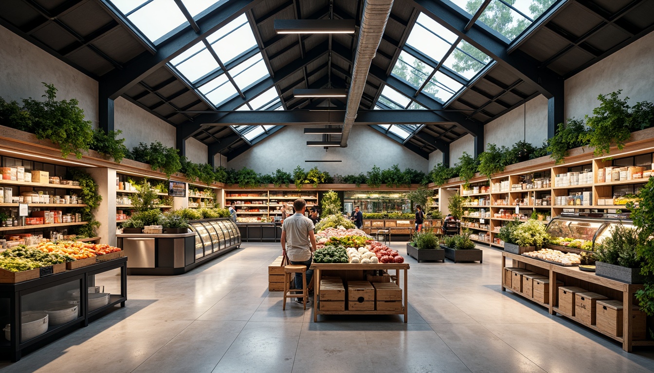 Prompt: Vibrant grocery store interior, modern angular rooflines, exposed ductwork, polished concrete floors, industrial-chic lighting fixtures, eclectic mix of wooden crates, metal shelves, and glass displays, abundant natural light, clerestory windows, green walls with lush plants, minimalist product signage, sleek cashwrap counters, bold color accents, dynamic visual merchandising, 3/4 composition, softbox lighting, realistic textures, ambient occlusion.