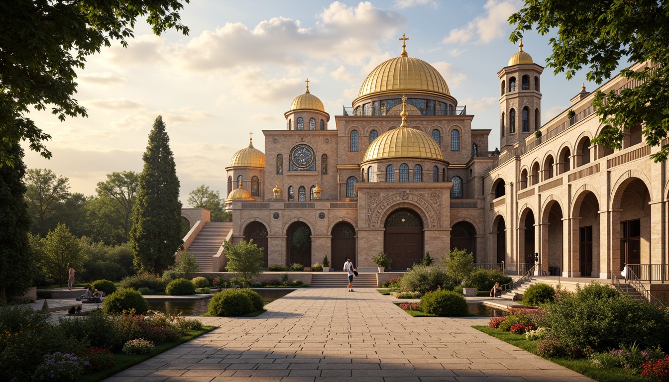 Prompt: Majestic Byzantine church, golden domes, intricate mosaics, ornate stone carvings, lush greenery, blooming flowers, serene water features, natural stone walkways, rustic archways, grand entrance gates, dramatic staircases, majestic bell towers, warm golden lighting, soft misty atmosphere, shallow depth of field, 1/2 composition, symmetrical framing, realistic textures, ambient occlusion.Please let me know if this meets your requirements!