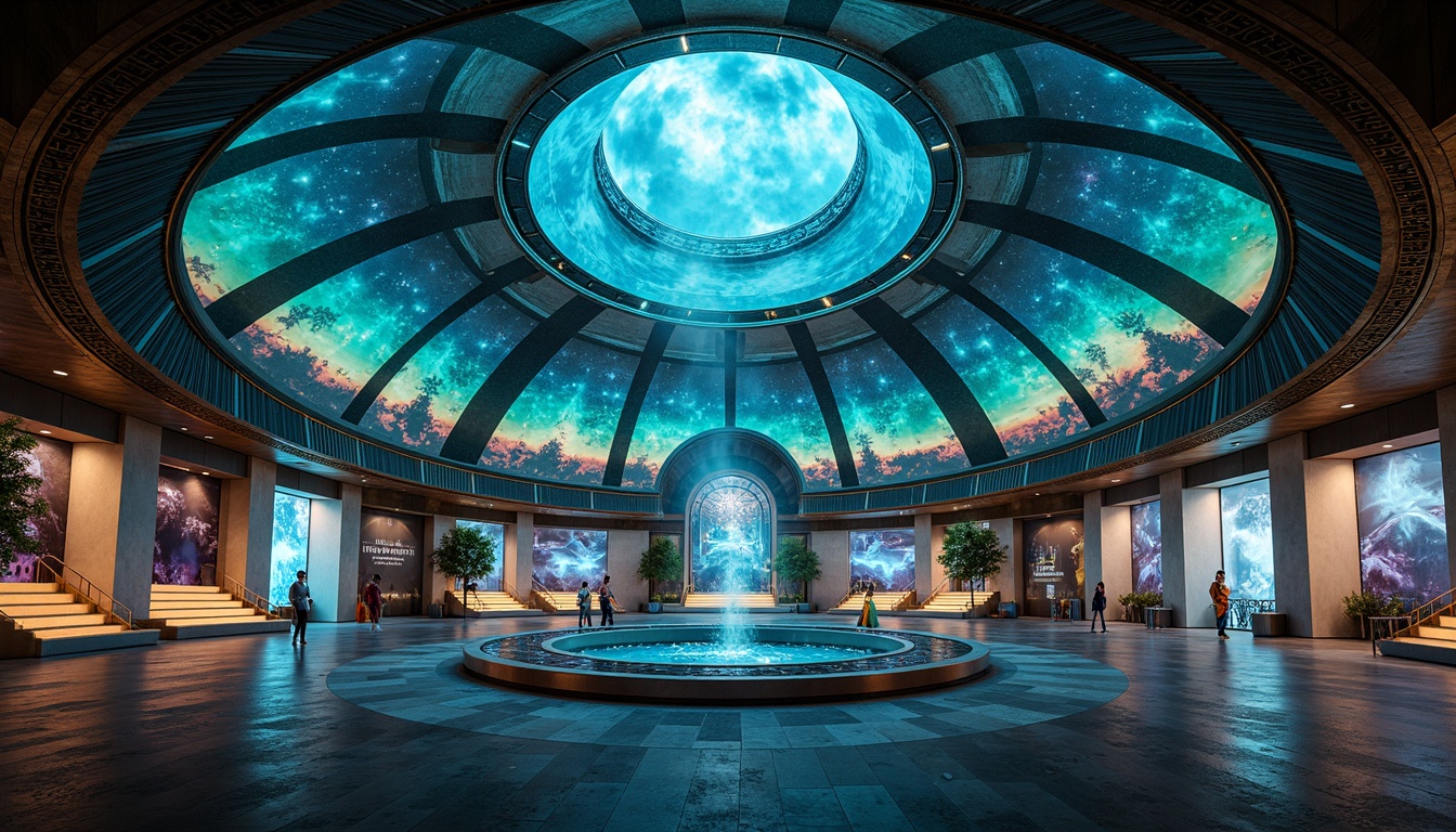 Prompt: Celestial planetarium, fusion of futuristic and ancient architecture, iridescent dome, swirling nebula-inspired murals, starry night sky, luminous LED lights, gleaming metallic accents, polished obsidian floors, ethereal misty atmosphere, shimmering aurora-like projections, holographic displays, neon-lit walkways, cosmic-inspired patterns, vibrant turquoise hues, deep blues and purples, soft creamy whites, rich gold accents, warm ambient lighting, shallow depth of field, 1/2 composition, cinematic views, realistic reflections, atmospheric scattering.