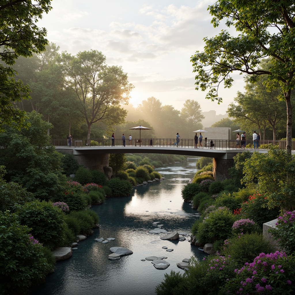 Prompt: Curved bridges, metallic structures, vibrant greenery, water flowing underneath, rippling effects, misty atmosphere, lush vegetation, flower blooms, natural stone pathways, wooden railings, futuristic lighting, warm sunset glow, soft focus, shallow depth of field, 1/2 composition, panoramic view, realistic textures, ambient occlusion, ecological balance, sustainable design, innovative engineering, harmonious coexistence.