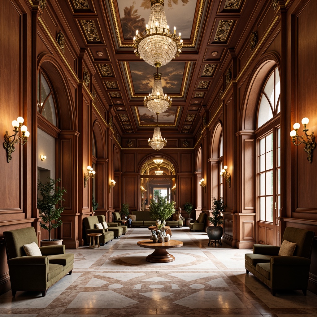 Prompt: Luxurious neoclassical interior, rich wood paneling, ornate moldings, polished marble floors, crystal chandeliers, velvet upholstery, gilded accents, intricate carvings, soft warm lighting, dramatic archways, grandiose columns, frescoed ceilings, stately furnishings, elegant proportions, refined color palette, subtle texture contrasts, 1/1 composition, realistic reflections, ambient occlusion.