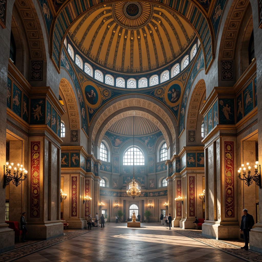 Prompt: Majestic Byzantine cathedral, intricately carved stone facades, golden domes, vibrant turquoise mosaics, rich crimson reds, deep blues, ornate gilded accents, intricate frescoes, majestic arches, grandiose columns, luxurious marble floors, warm candlelight, soft mystical ambiance, subtle atmospheric fog, 1/1 composition, detailed textures, realistic lighting effects.