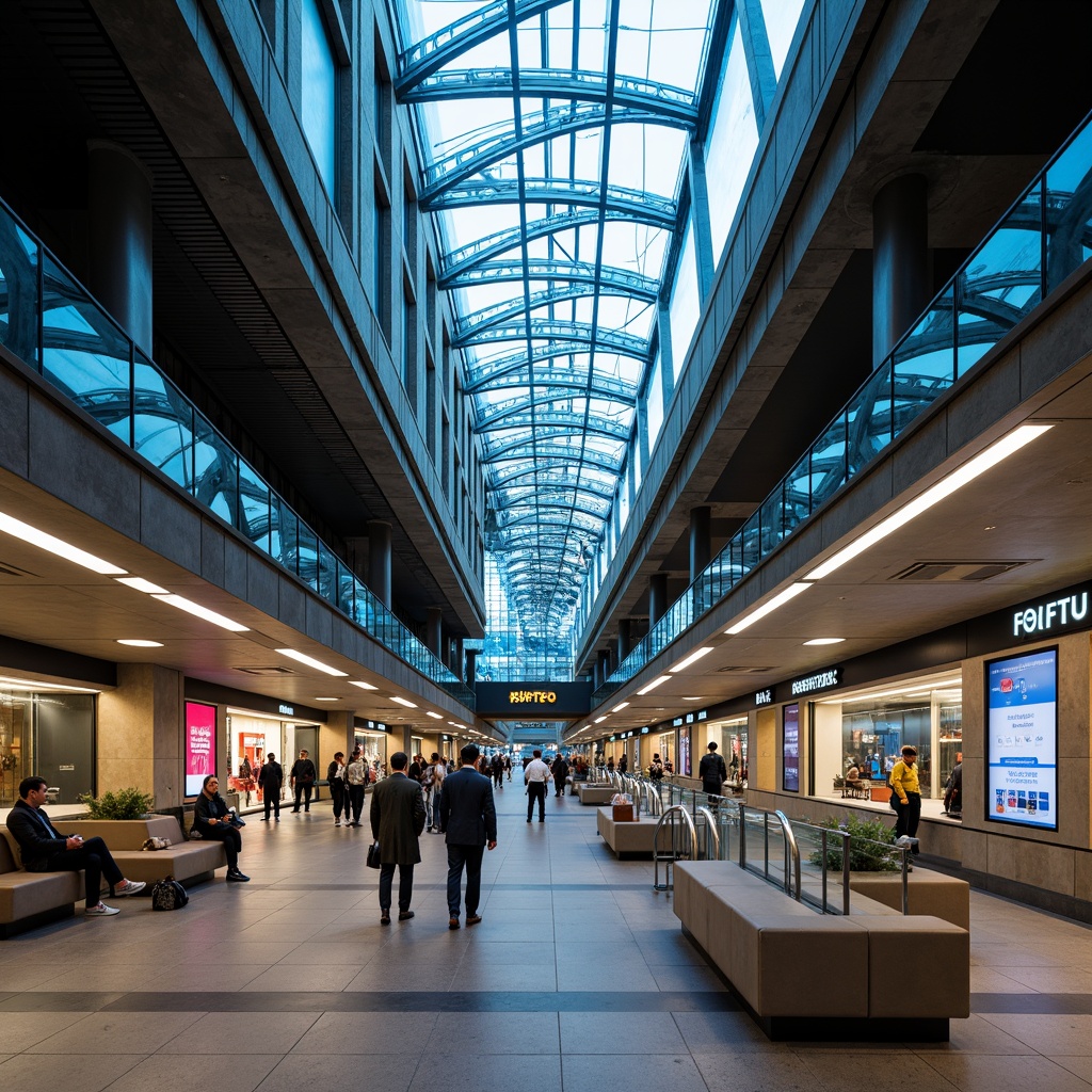 Prompt: Modern metro station, sleek glass ceilings, polished marble floors, futuristic LED lighting, vibrant color schemes, dynamic ambiance, bustling commuter traffic, urban cityscape, elevated platforms, stainless steel railings, electronic information displays, comfortable seating areas, natural stone walls, energy-efficient illumination, soft warm glow, 1/2 composition, shallow depth of field, realistic textures, ambient occlusion.