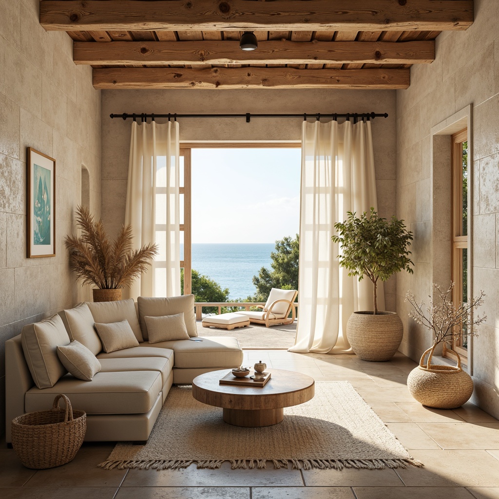 Prompt: Soft peachy hues, calming turquoise, creamy whites, weathered wood tones, distressed driftwood accents, vintage nautical ropes, billowy linen fabrics, natural sea salt textures, shimmering mother-of-pearl inlays, warm golden lighting, cozy reading nooks, plush area rugs, woven seagrass baskets, delicate shell ornaments, beachy worn stone walls, serene ocean views, 1/1 composition, soft focus, gentle warm glow.