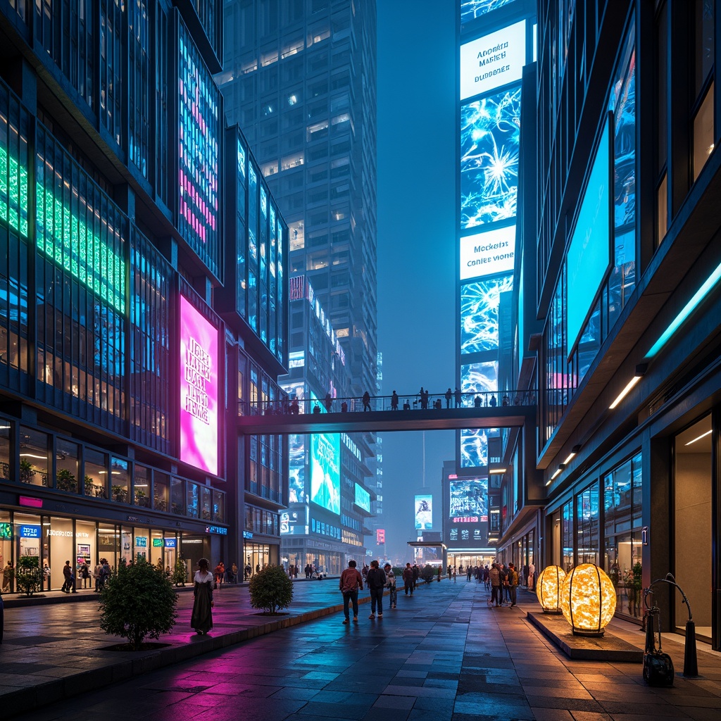 Prompt: Neon-lit cityscape, metallic skyscrapers, iridescent glass facades, holographic advertisements, cyberpunk atmosphere, vibrant electric blue, neon green, hot pink, chrome accents, LED light installations, glowing pathways, futuristic urban planning, elevated walkways, robotic sculptures, minimalist interior design, polished steel surfaces, high-tech gadgetry, virtual reality interfaces, atmospheric mist, cinematic lighting, shallow depth of field, 3/4 composition, panoramic view, realistic reflections, ambient occlusion.