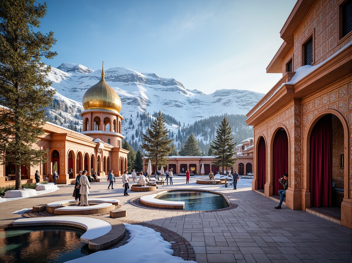 Prompt: Byzantine-style ski center, ornate golden domes, intricate mosaics, warm terracotta facades, rich velvet drapes, regal crimson accents, snow-capped mountains, frosty pine trees, icy lakes, misty mornings, soft warm lighting, shallow depth of field, 1/1 composition, realistic textures, ambient occlusion.Let me know if you need any adjustments!