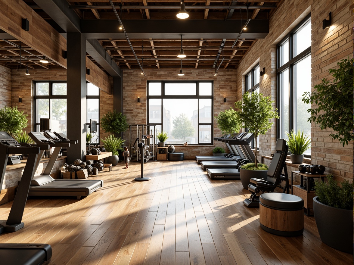 Prompt: Vibrant fitness club, natural stone walls, wooden floors, floor-to-ceiling windows, abundant daylight, soft warm lighting, minimal artificial lighting, mirrored walls, modern exercise equipment, free weights, treadmills, yoga mats, green plants, calm ambiance, high ceilings, industrial chic design, metallic accents, sleek lines, urban loft atmosphere, early morning light, shallow depth of field, 1/1 composition, realistic textures, ambient occlusion.