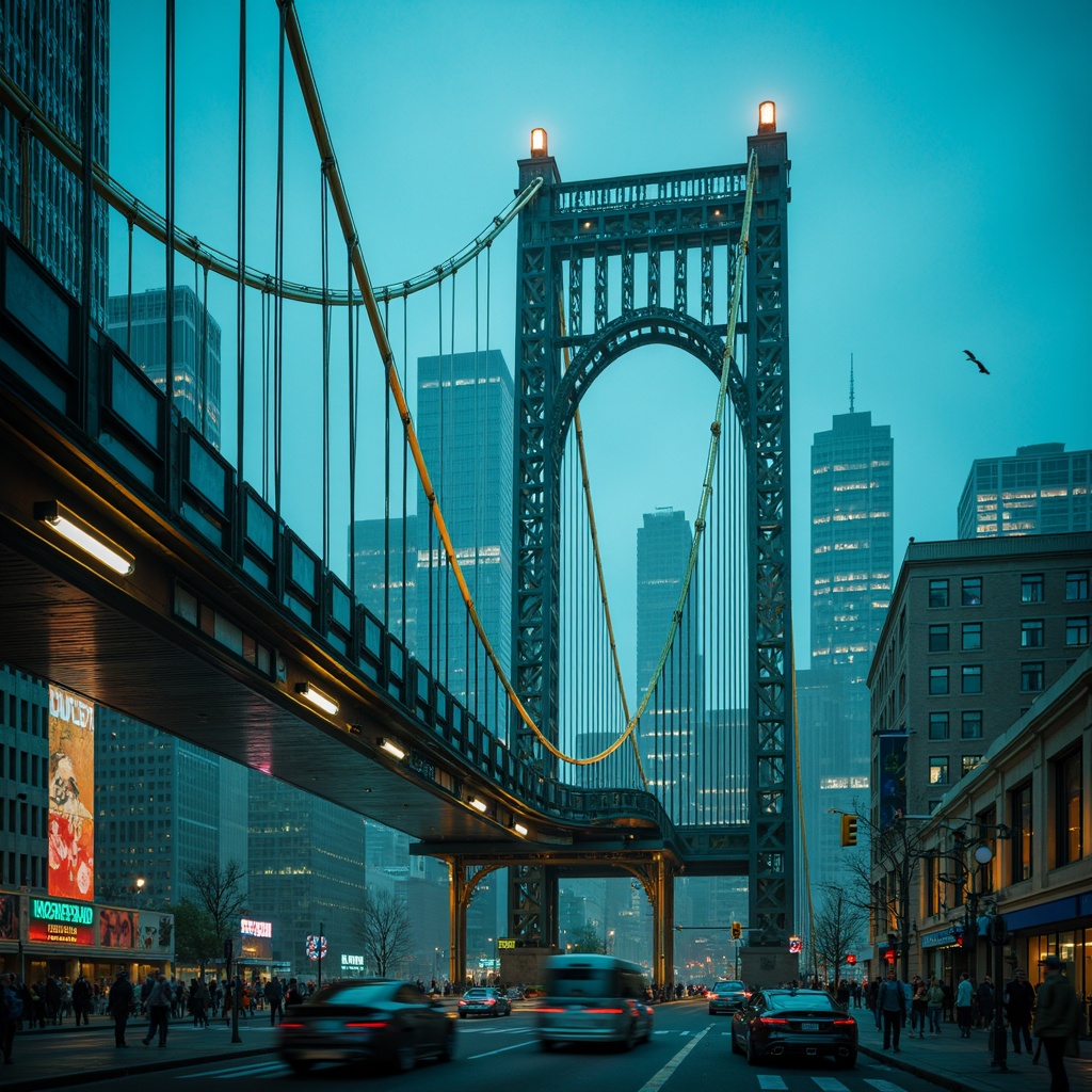 Prompt: Vibrant bridge architecture, iridescent blue-green hues, neon-lit accents, metallic reflections, futuristic curves, industrial textures, urban cityscape, misty atmospheric lighting, soft focus effect, shallow depth of field, 1/2 composition, dynamic motion blur, realistic renderings, ambient occlusion, intricate structural details, cable-stayed suspension, modern urban planning, bustling metropolitan activity, evening rush hour scene.Let me know if this meets your requirements!