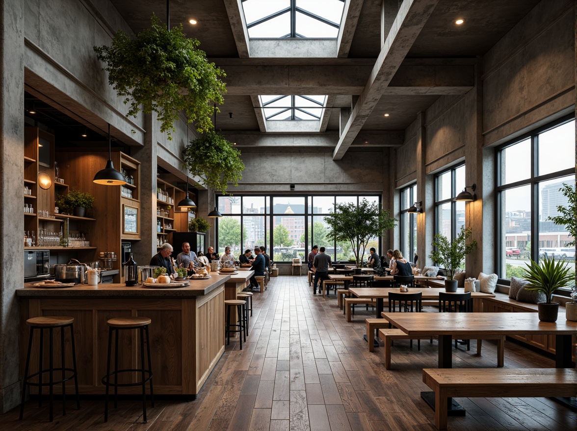 Prompt: Industrial-chic coffee shop, exposed concrete walls, raw steel beams, polished wooden floors, minimalist decor, abundant natural light, clerestory windows, skylights, floor-to-ceiling glass facades, urban cityscape views, gritty textures, moody atmospheric lighting, warm-toned color palette, reclaimed wood accents, metal-edged tables, industrial-style pendant lamps, greenery installations, lush plants, earthy tones, organic shapes, asymmetrical compositions, high-contrast photography, dramatic shadows, 1/2 composition, wide-angle lens, realistic renderings.