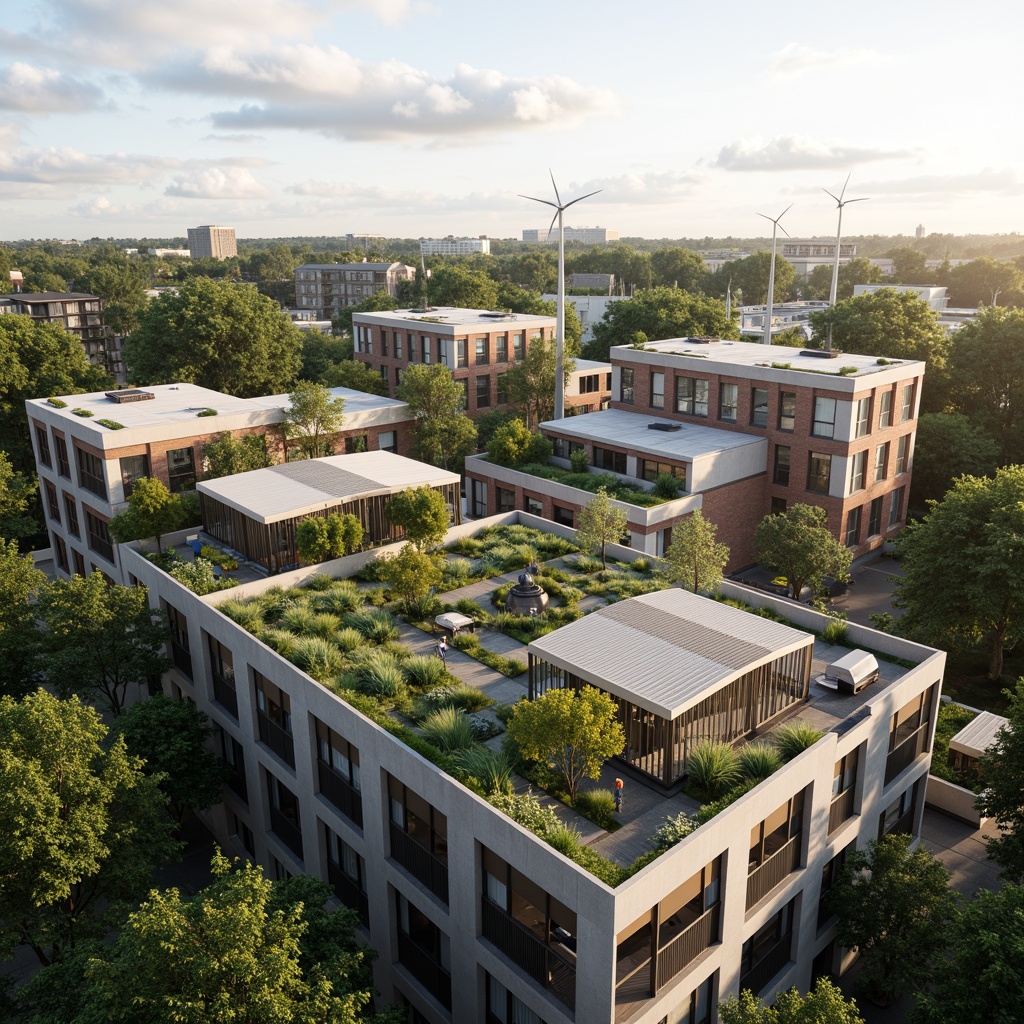 Prompt: Modern student residence, sustainable design, green roofs, solar panels, wind turbines, energy-efficient appliances, LED lighting, recycling facilities, composting systems, eco-friendly materials, natural ventilation, large windows, minimal shading devices, soft warm lighting, shallow depth of field, 3/4 composition, panoramic view, realistic textures, ambient occlusion.