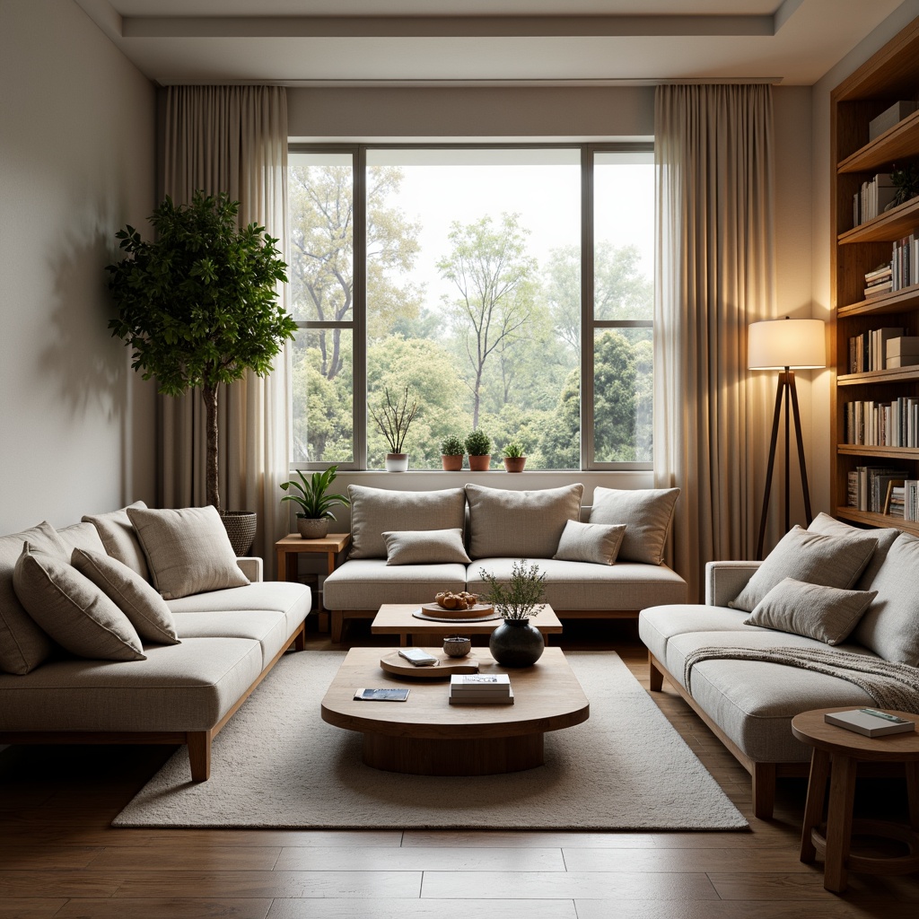 Prompt: Cozy living room, plush sofas, wooden coffee tables, soft cushions, warm lighting, comfortable seating areas, functional shelving units, modern minimalist decor, neutral color palette, large windows, natural daylight, calm atmosphere, 1/1 composition, realistic textures, ambient occlusion, floor lamps, cozy throw blankets, decorative rugs, greenery accents, airy feel, inviting ambiance.