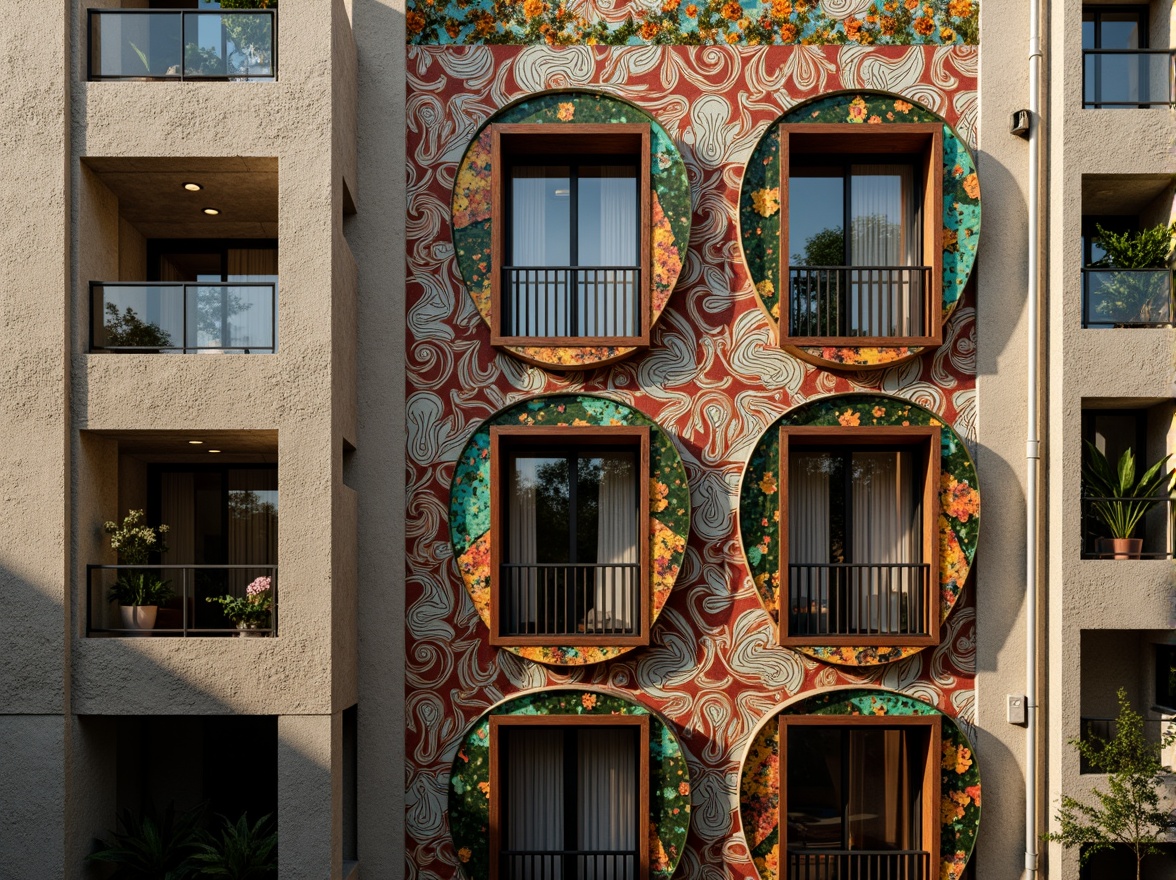 Prompt: Richly ornamented postmodern facade, intricate stone carvings, distressed metallic surfaces, weathered wood accents, vibrant mosaic patterns, bold geometric shapes, ornate balconies, curved lines, playful color contrasts, dramatic shadow effects, warm golden lighting, soft focus blur, 3/4 composition, realistic renderings, ambient occlusion.