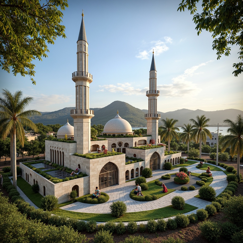 Prompt: Eco-friendly mosque, lush green roofs, solar panels, wind turbines, water conservation systems, natural stone walls, minimal ornamentation, large skylights, soft warm lighting, shallow depth of field, 3/4 composition, panoramic view, realistic textures, ambient occlusion, serene atmosphere, peaceful ambiance, modern minimalist design, geometric patterns, Islamic-inspired arches, vibrant colorful textiles, intricate mosaics, spiritual sanctuaries, natural ventilation systems, recyclable materials.