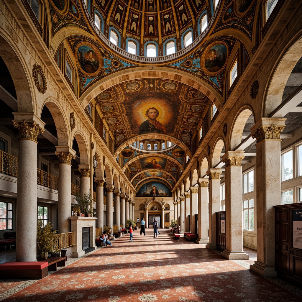 Prompt: Intricate mosaics, golden domes, ornate arches, lavish frescoes, richly patterned textiles, vibrant Byzantine colors, ornamental capitals, carved marble columns, grand entrance doors, intricate stone carvings, elaborate iconostasis, majestic vaulted ceilings, warm golden lighting, shallow depth of field, 1/1 composition, realistic textures, ambient occlusion.