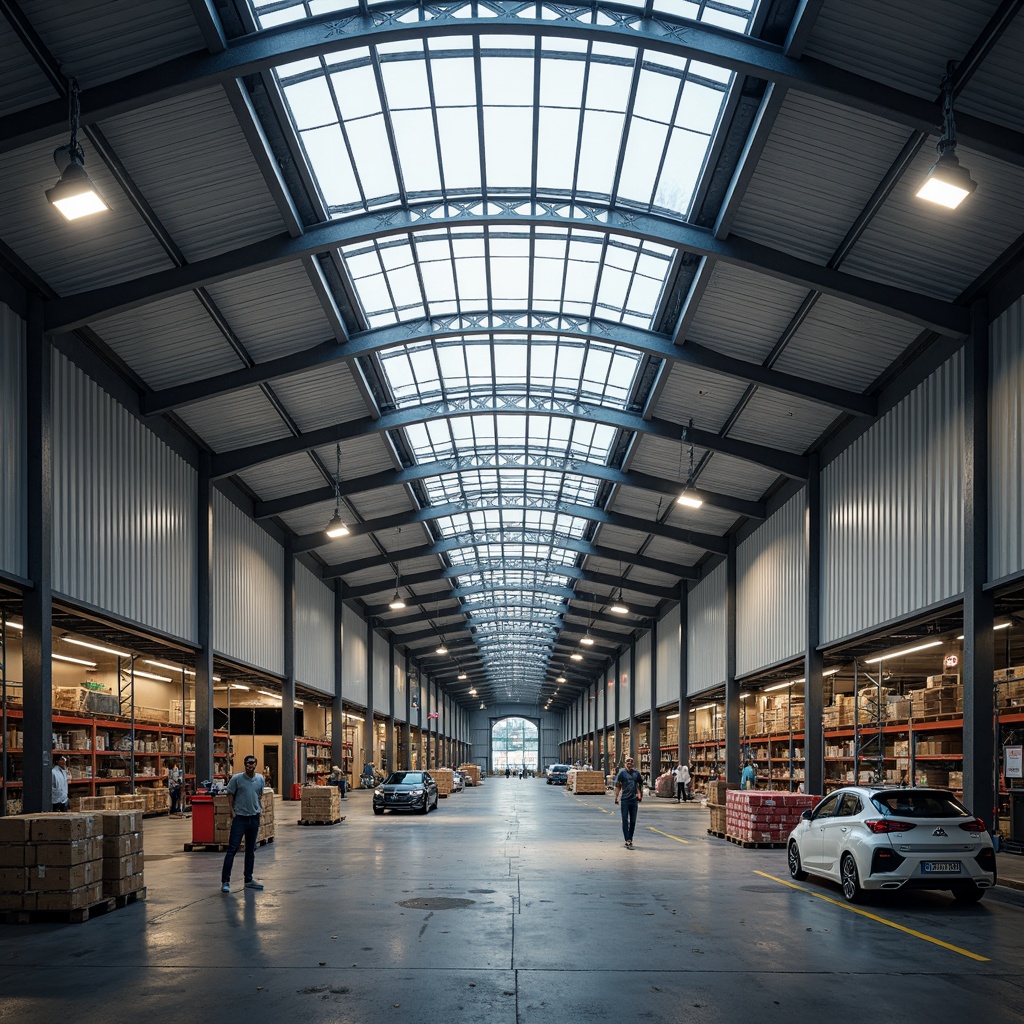 Prompt: Industrial distribution center, modern warehouse design, curved roof structures, translucent skylights, exposed steel beams, metal cladding, corrugated roofing, industrial lighting fixtures, overhead cranes, shelving systems, storage racks, concrete flooring, urban cityscape, cloudy day, soft natural light, shallow depth of field, 2/3 composition, realistic textures, ambient occlusion.