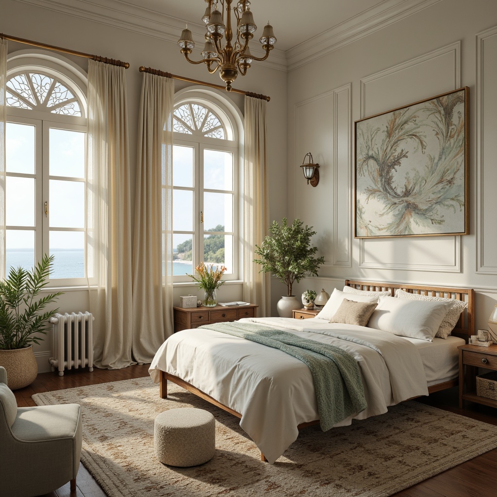 Prompt: Dreamy coastal dorm, soft calming hues, creamy whites, warm beige, soothing blues, pale aqua, misty greens, rustic wooden accents, natural woven textiles, vintage nautical elements, distressed finishes, elegant ornate details, plush velvet fabrics, delicate lace trims, flowing sheer curtains, shimmering glass chandeliers, warm golden lighting, soft focus, 1/2 composition, intimate atmosphere, realistic textures.