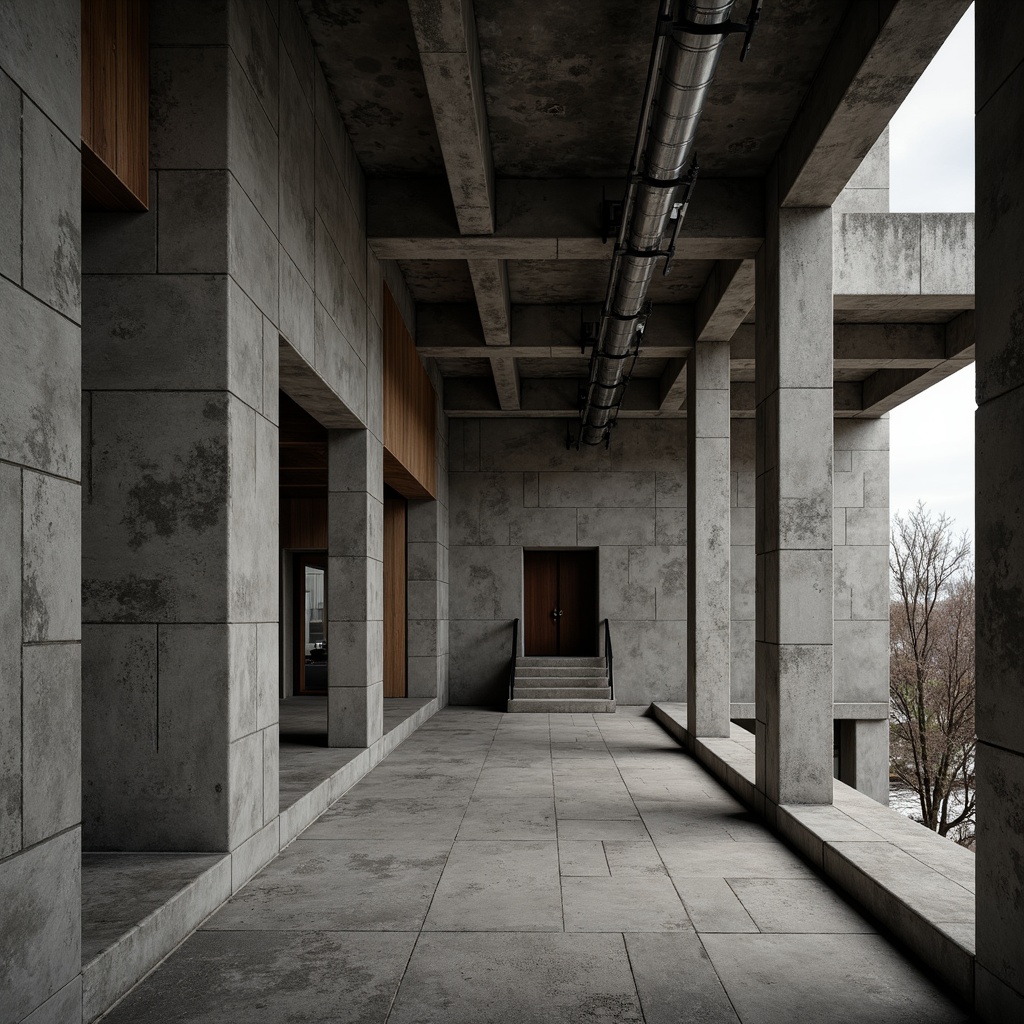 Prompt: Rough-hewn concrete walls, brutalist fa\u00e7ades, rugged stone textures, industrial metal beams, distressed wood accents, raw exposed ductwork, minimalist interior design, monochromatic color schemes, dramatic shadows, low-key lighting, cinematic composition, shallow depth of field, 2/3 aspect ratio, gritty urban atmosphere, overcast skies, mysterious ambiance.