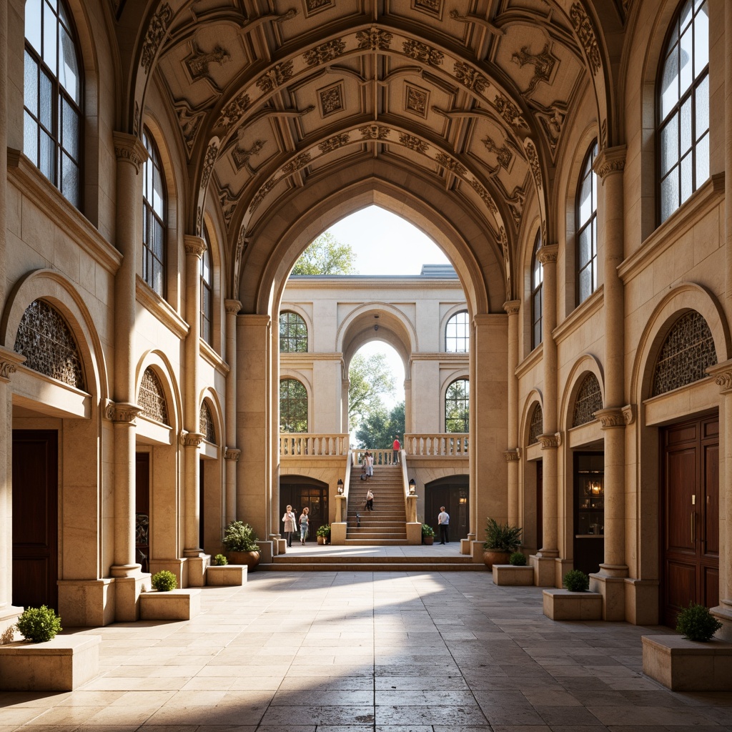 Prompt: Grand courthouse entrance, Romanesque archways, ornate carvings, rusticated stonework, rounded columns, vaulted ceilings, stained glass windows, intricate stone flooring, majestic staircases, symmetrical facade, classical pilasters, ornamental capitals, warm beige stone tone, soft natural lighting, shallow depth of field, 1/1 composition, realistic textures, ambient occlusion.