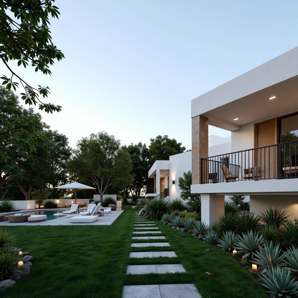 Prompt: Modernist villa, clean lines, minimal ornamentation, rectangular forms, flat roofs, large windows, sliding glass doors, lush green lawns, tropical plants, palm trees, succulent gardens, natural stone pathways, geometric water features, minimalist outdoor lighting, warm ambient glow, shallow depth of field, 1/1 composition, realistic textures, ambient occlusion.