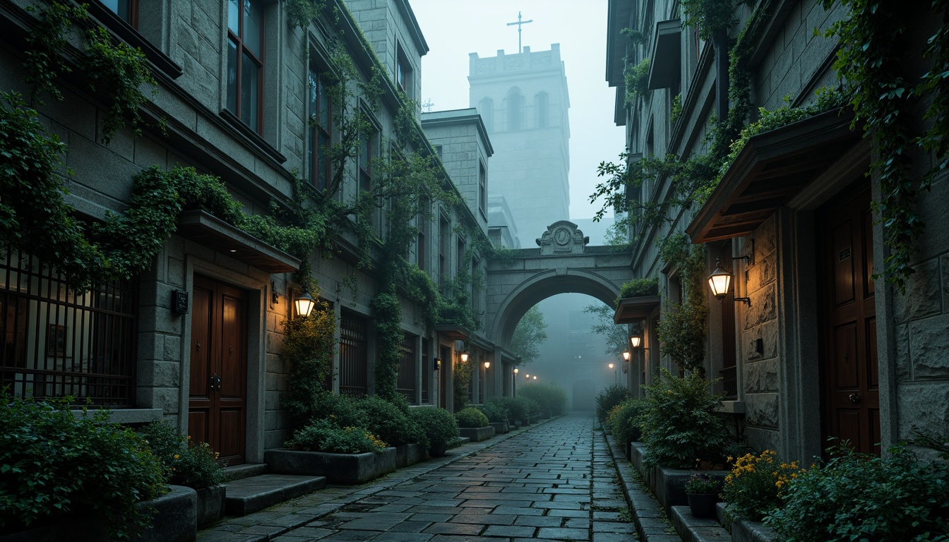 Prompt: Mysterious gothic cathedral, overgrown ivy, twisted vines, crumbling stone walls, moss-covered statues, eerie fog, dimly lit lanterns, ornate iron gates, mystical ancient trees, winding cobblestone paths, forgotten graveyards, weathered gargoyles, dark mysterious ambiance, low-key lighting, dramatic shadows, cinematic composition, atmospheric mist, detailed textures, historic architectural details.