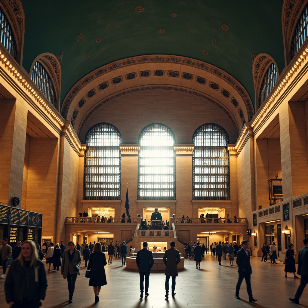 Prompt: Grand metro station, Renaissance Revival facade, ornate stone carvings, arched windows, rusticated columns, grand clock tower, intricate ironwork, vaulted ceilings, mosaic flooring, elegant chandeliers, warm golden lighting, shallow depth of field, 1/1 composition, symmetrical architecture, neoclassical details, richly textured stonework, atmospheric fog effect, busy urban scene, morning rush hour, soft focus on pedestrians.