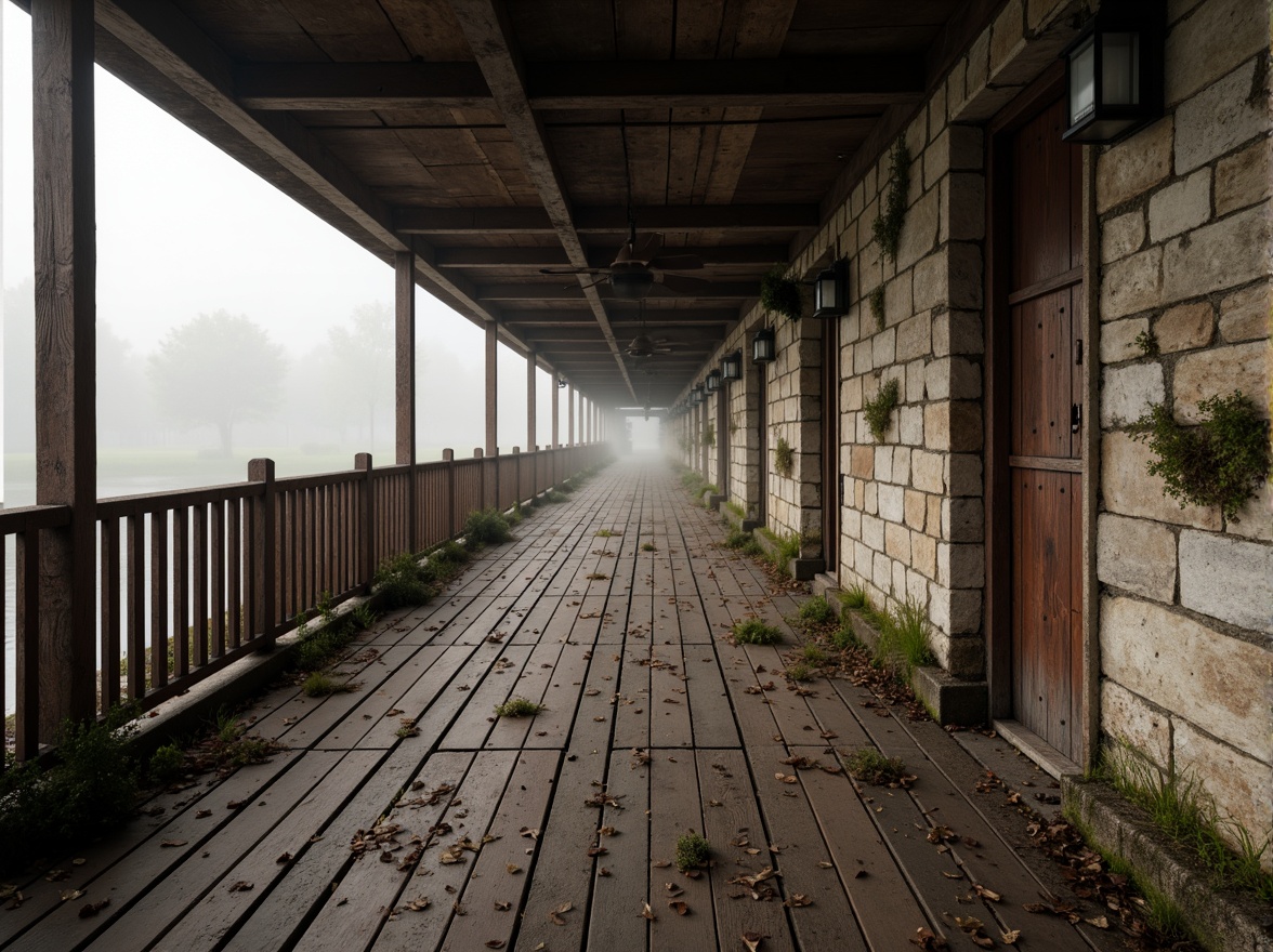 Prompt: Rustic bridge railings, weathered wood planks, rough stone walls, industrial metal beams, distressed concrete surfaces, ornate ironwork details, worn wooden dock boards, moss-covered stonework, foggy misty atmosphere, soft warm lighting, shallow depth of field, 1/1 composition, realistic textures, ambient occlusion.