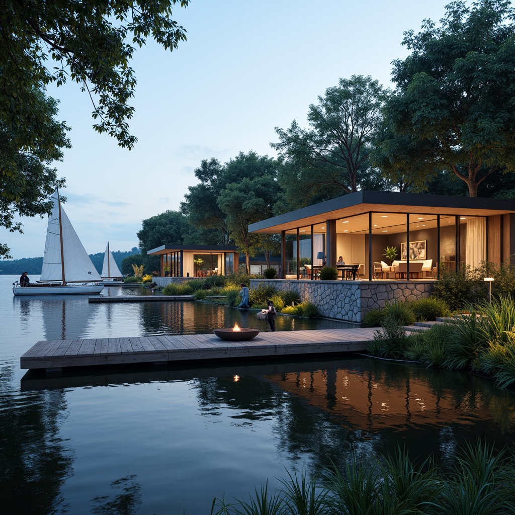 Prompt: Scenic lakefront, tranquil water reflections, lush green vegetation, wooden docks, sailboats, serene atmosphere, modern lakefront buildings, large windows, sliding glass doors, natural stone facades, wooden accents, rustic charm, cozy outdoor seating areas, warm fire pits, string lights, ambient evening lighting, shallow depth of field, 2/3 composition, panoramic view, realistic water textures, subtle ripples.