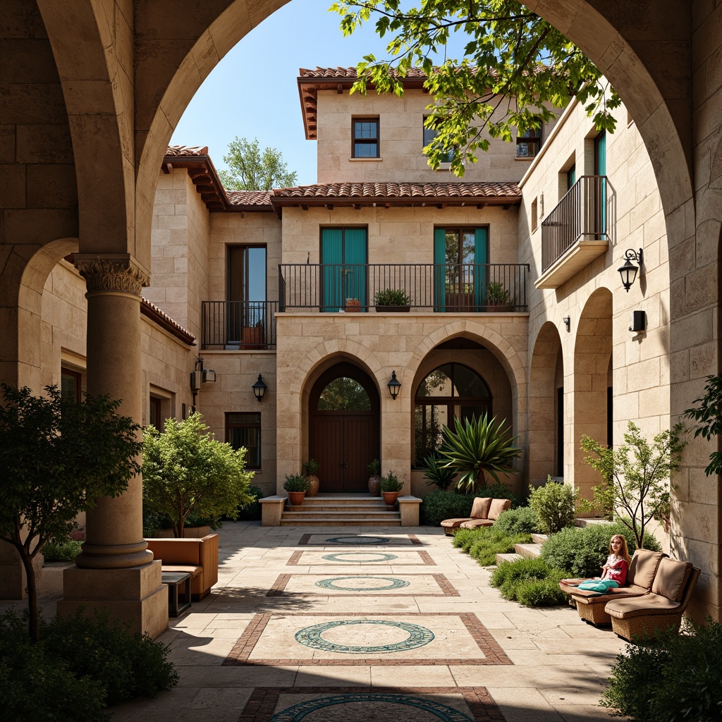 Prompt: Earth-toned Romanesque architecture, rustic stone walls, ornate carvings, grand archways, vibrant turquoise accents, warm terracotta rooftops, rich sienna brown hues, soft cream stucco textures, lush greenery, aged copper details, intricate mosaic patterns, dramatic chiaroscuro lighting, 3/4 composition, high-contrast shading, realistic stone textures.