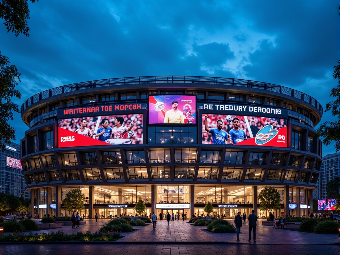 Prompt: \Sleek modern stadium facade, curved lines, dynamic shapes, cantilevered roofs, vibrant team colors, LED lighting systems, giant video screens, angular glass panels, steel structural frames, bold typography, athletic-inspired patterns, urban cityscape backdrop, evening ambiance, dramatic floodlights, shallow depth of field, 1/1 composition, panoramic view, realistic textures, ambient occlusion.\