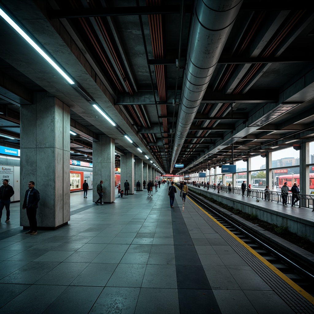 Prompt: Urban metro station, industrial concrete textures, exposed ductwork, steel beams, modern minimalist design, functional architecture, vibrant city lights, bustling pedestrian traffic, rush hour atmosphere, deep shadows, high-contrast lighting, cinematic composition, 1-point perspective, low-angle shot, realistic ambient occlusion.