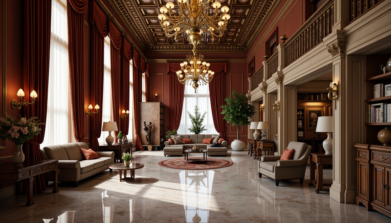 Prompt: Elegant loft interior, neoclassical architectural details, marble floors, ornate moldings, high ceilings, grand chandeliers, luxurious velvet fabrics, rich wood paneling, metallic accents, ornamental railings, stately columns, intricately carved wooden furniture, soft warm lighting, shallow depth of field, 1/1 composition, atmospheric perspective, realistic reflections, ambient occlusion.