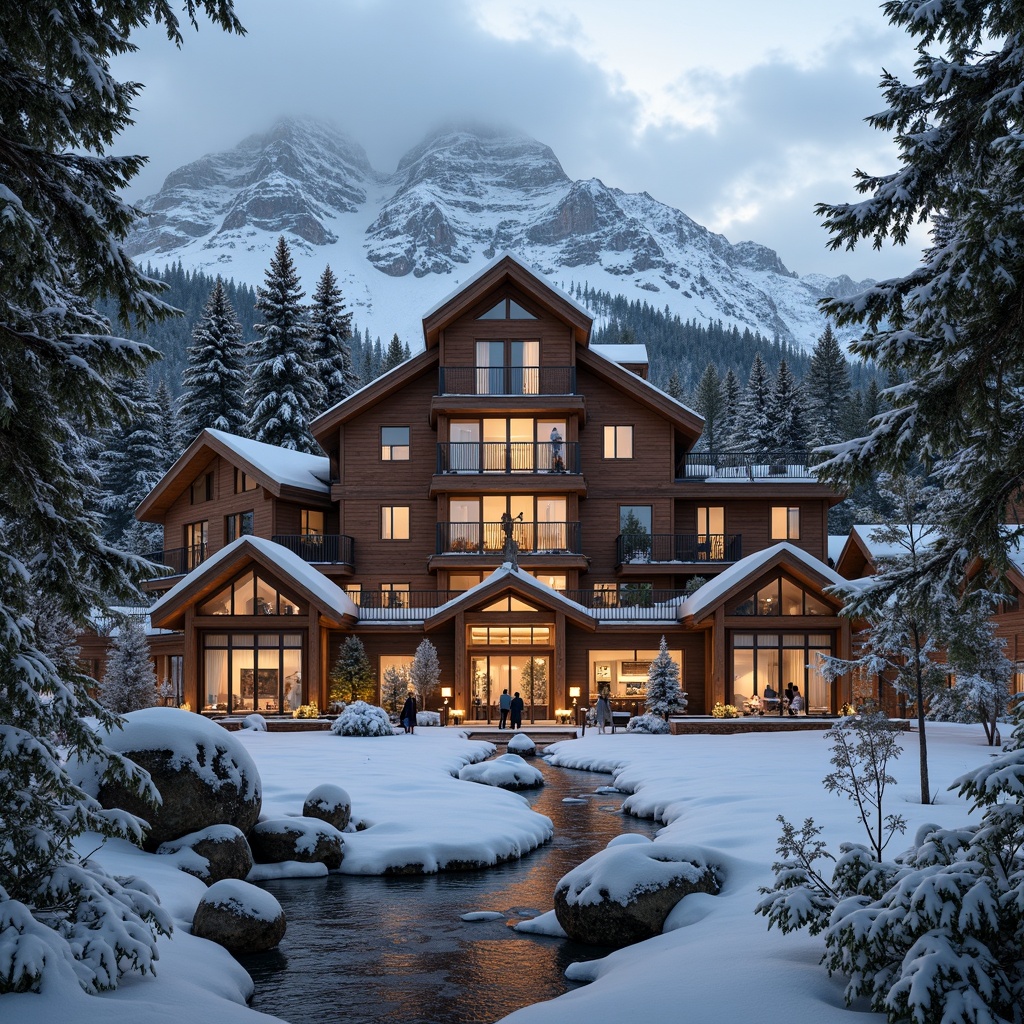 Prompt: Snow-capped mountains, lush forests, frozen lakes, ski trails, rustic wooden chalets, eclectic mix of modern and traditional architecture, vibrant color accents, intricate ornate details, grandiose entrance halls, spacious lounges, cozy fireplaces, luxurious amenities, natural stone walls, reclaimed wood textures, metallic accents, dramatic lighting effects, soft focus photography, shallow depth of field, 1/2 composition, cinematic framing, misty atmospheric effects.