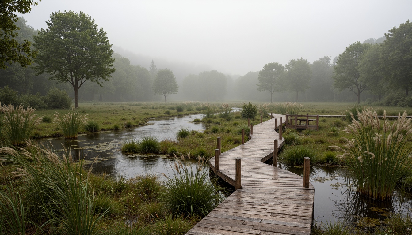 Prompt: Serene wetland landscape, lush vegetation, tranquil water bodies, winding streams, rustic wooden boardwalks, native aquatic plants, diverse wildlife habitats, earthy tones, natural stone pathways, weathered wood fences, misty morning atmosphere, soft diffused lighting, shallow depth of field, 1/1 composition, panoramic view, realistic textures, ambient occlusion.