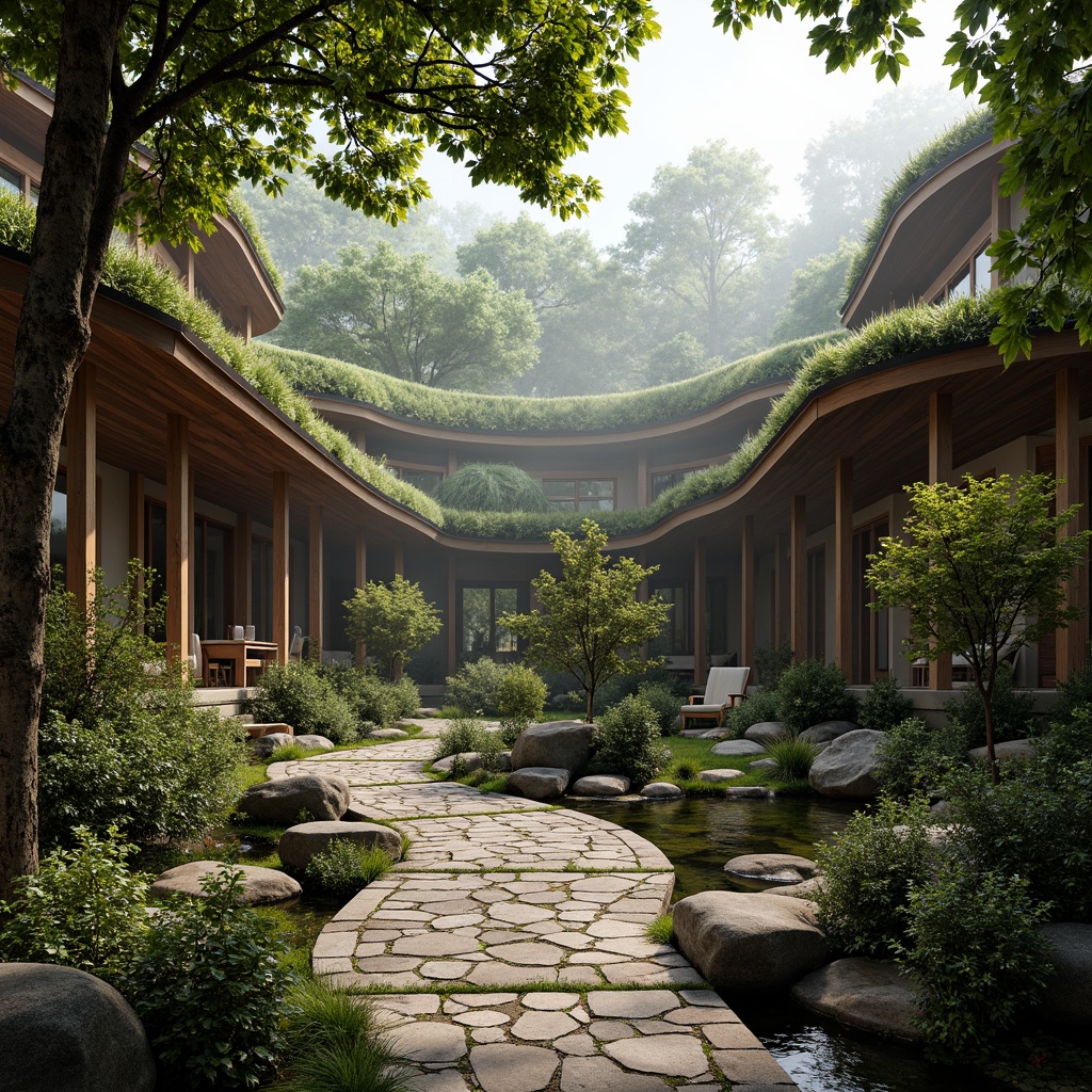 Prompt: Winding stone pathways, lush green roofs, curved wooden beams, natural light filtering, earthy tone colors, organic shapes, free-form structures, rustic materials, overhanging eaves, cantilevered roofs, asymmetrical compositions, serene forest surroundings, misty morning atmosphere, soft diffused lighting, 1/1 composition, intimate scale, tactile textures, earthy scent, natural ventilation systems, rainwater harvesting systems, living walls, greenery-filled courtyards, meandering streams, rustic wooden furniture, woven rattan textiles.