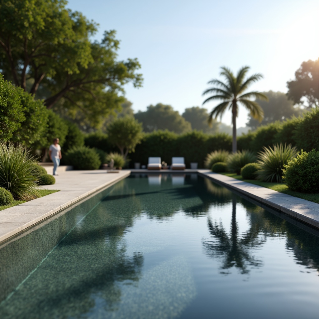 Prompt: Sleek minimalist pool, rectangular shape, clean lines, calm water reflection, subtle LED lighting, gentle ripples, serene ambiance, natural stone coping, simple concrete decking, lush greenery surroundings, tropical plants, warm sunny day, soft diffused light, shallow depth of field, 1/1 composition, realistic water simulation, ambient occlusion.