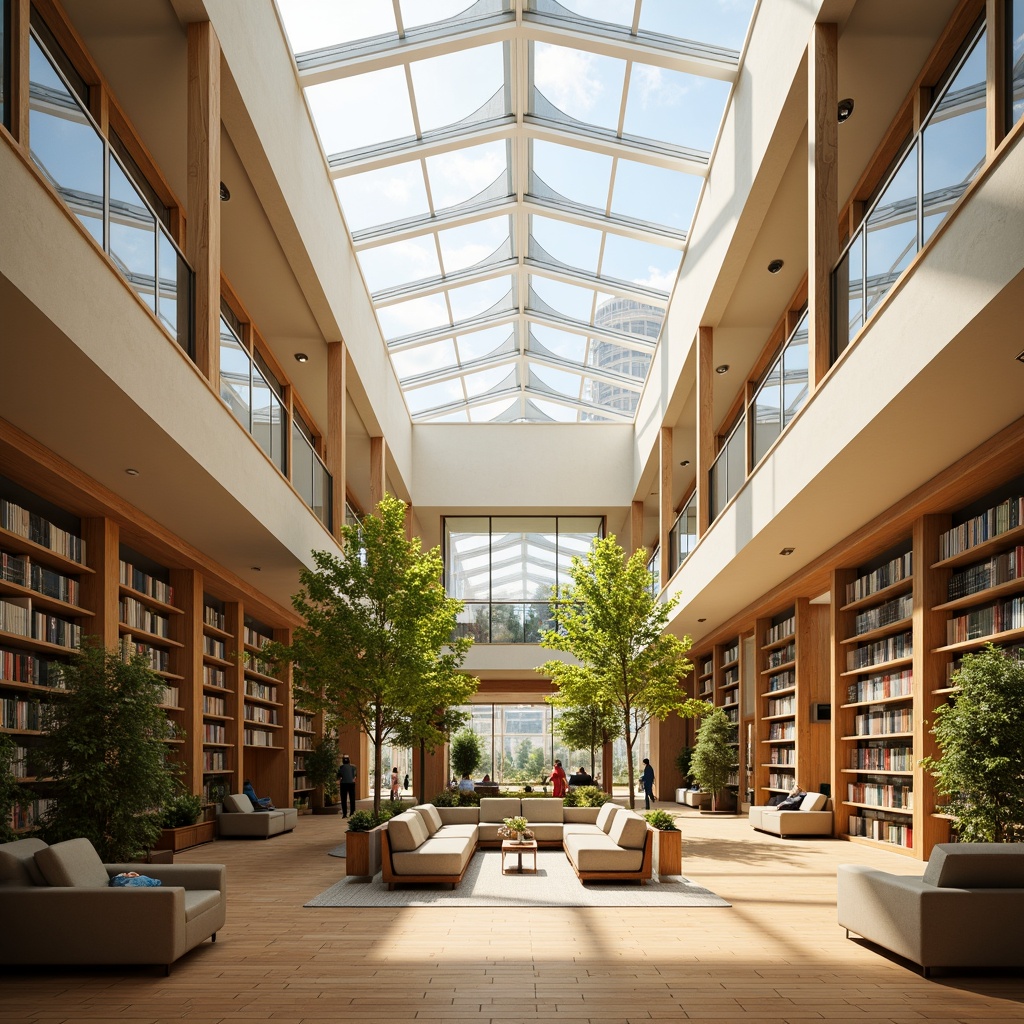 Prompt: Vibrant library interior, abundance of natural light, floor-to-ceiling windows, clerestory windows, skylights, open atrium, minimalist shelving, polished wooden floors, comfortable reading nooks, plush sofas, warm beige color scheme, soft diffused lighting, subtle shadows, 1/1 composition, shallow depth of field, realistic textures, ambient occlusion.