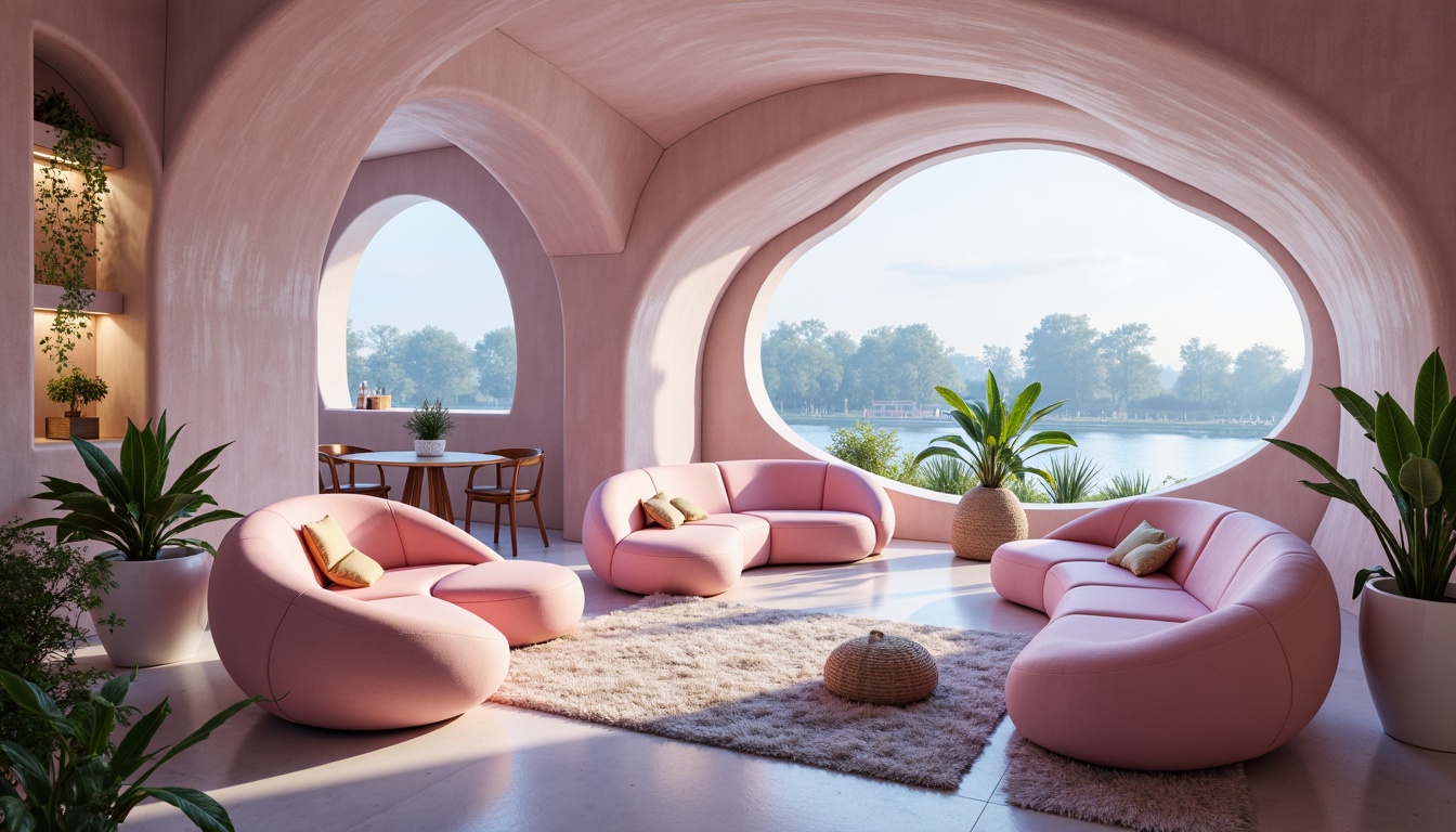 Prompt: Organic blob-shaped furniture, soft curved lines, pastel color palette, iridescent accents, glossy finishes, translucent materials, futuristic ambiance, cozy atmosphere, intimate lighting, warm glow, plush textiles, rounded corners, smooth transitions, minimalist decor, natural ventilation systems, living walls, greenery installations, calming water features, serene soundscapes, 1/1 composition, shallow depth of field, realistic reflections, ambient occlusion.