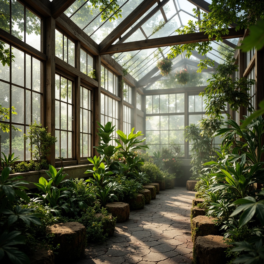 Prompt: Vibrant greenhouse interior, lush tropical plants, misty atmosphere, warm natural lighting, organic earthy tones, rough wooden beams, distressed metal frames, irregular glass panes, moss-covered stones, overgrown vegetation, intricate leaf patterns, soft focus blur, shallow depth of field, 1/2 composition, impressionist brushstrokes, vivid color palette, expressive textures, ambient occlusion.