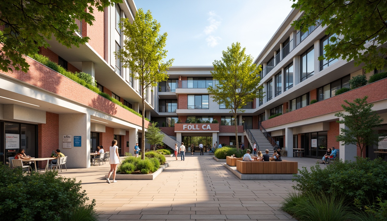 Prompt: Vibrant high school building, modern vernacular architecture, brick facade, large windows, glass doors, open courtyard, lush greenery, educational signage, lockers, staircases, wooden floors, collaborative learning spaces, flexible seating arrangements, natural light pouring in, warm and inviting atmosphere, shallow depth of field, 3/4 composition, realistic textures, ambient occlusion.