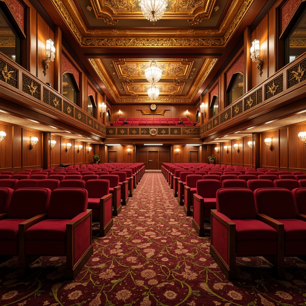 Prompt: Grand auditorium, plush velvet seats, polished wooden floors, richly patterned carpets, ornate golden details, majestic high ceilings, sophisticated sound systems, acoustic panels, luxurious fabric upholstery, crystal chandeliers, warm ambient lighting, shallow depth of field, 2/3 composition, realistic textures, subtle specular highlights.