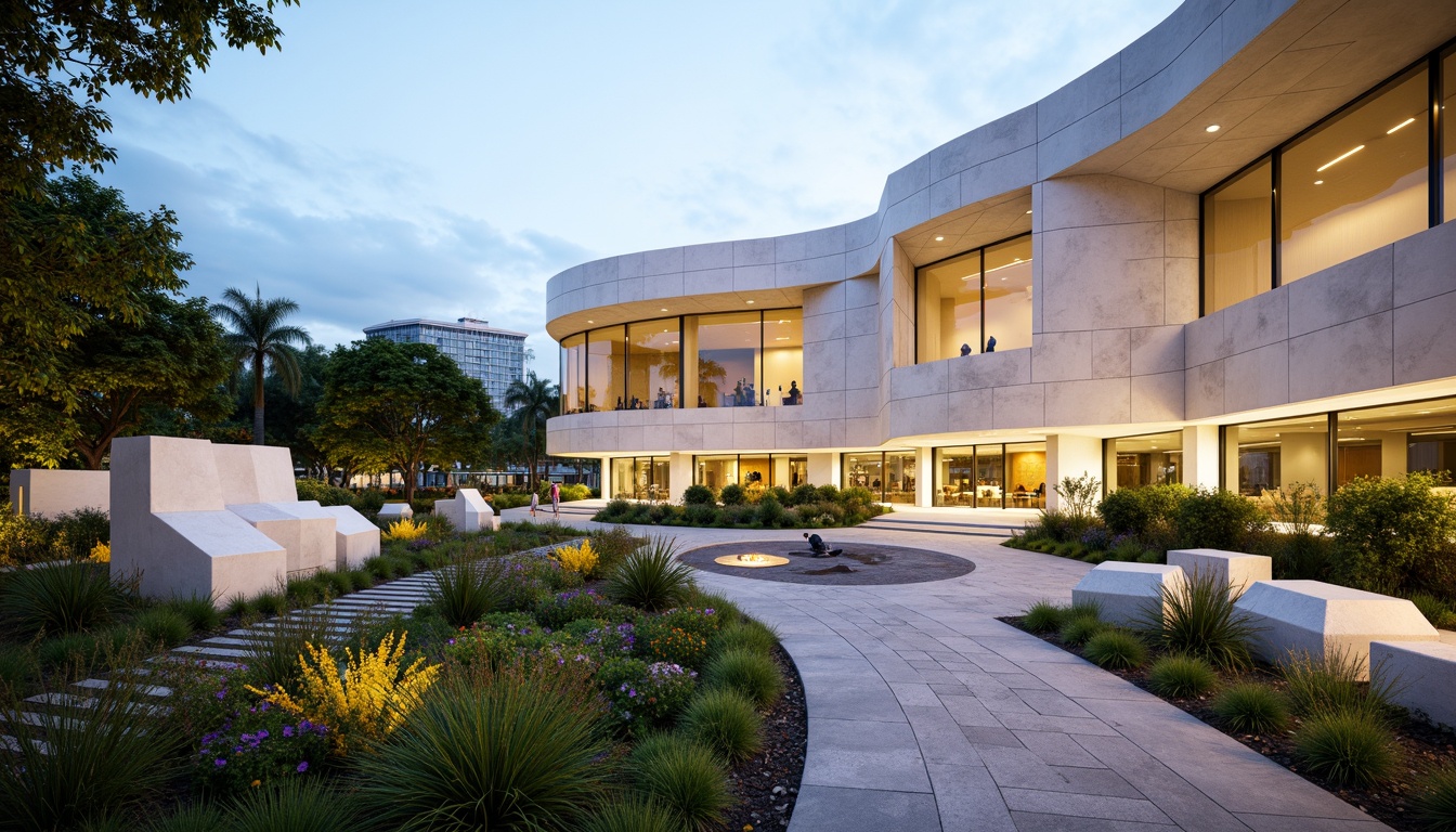 Prompt: Sleek memorial center, international style architecture, curved lines, minimalist design, marble cladding, glass fa\u00e7ade, modern LED lighting, tranquil atmosphere, serene courtyard, lush greenery, vibrant flowers, abstract sculptures, commemorative plaques, solemn ambiance, natural stone pathways, polished metal handrails, grand entrance, cantilevered rooflines, panoramic city views, soft warm lighting, shallow depth of field, 3/4 composition, realistic textures, ambient occlusion.