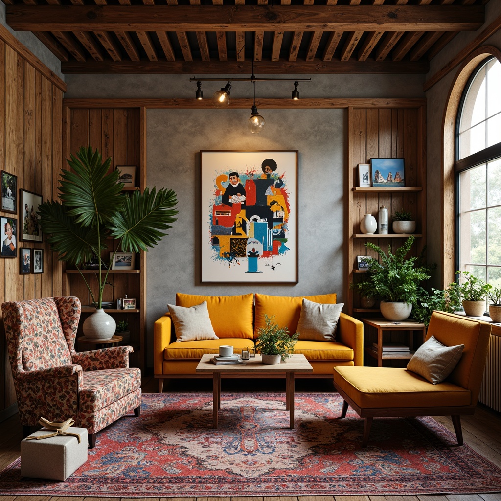 Prompt: Vibrant artistic studio, eclectic mix of vintage furniture, rich wood tones, bold abstract artwork, colorful rug patterns, natural textiles, industrial metal accents, reclaimed wooden walls, modern minimalist decor, warm ambient lighting, shallow depth of field, 1/1 composition, realistic textures, soft focus effect.