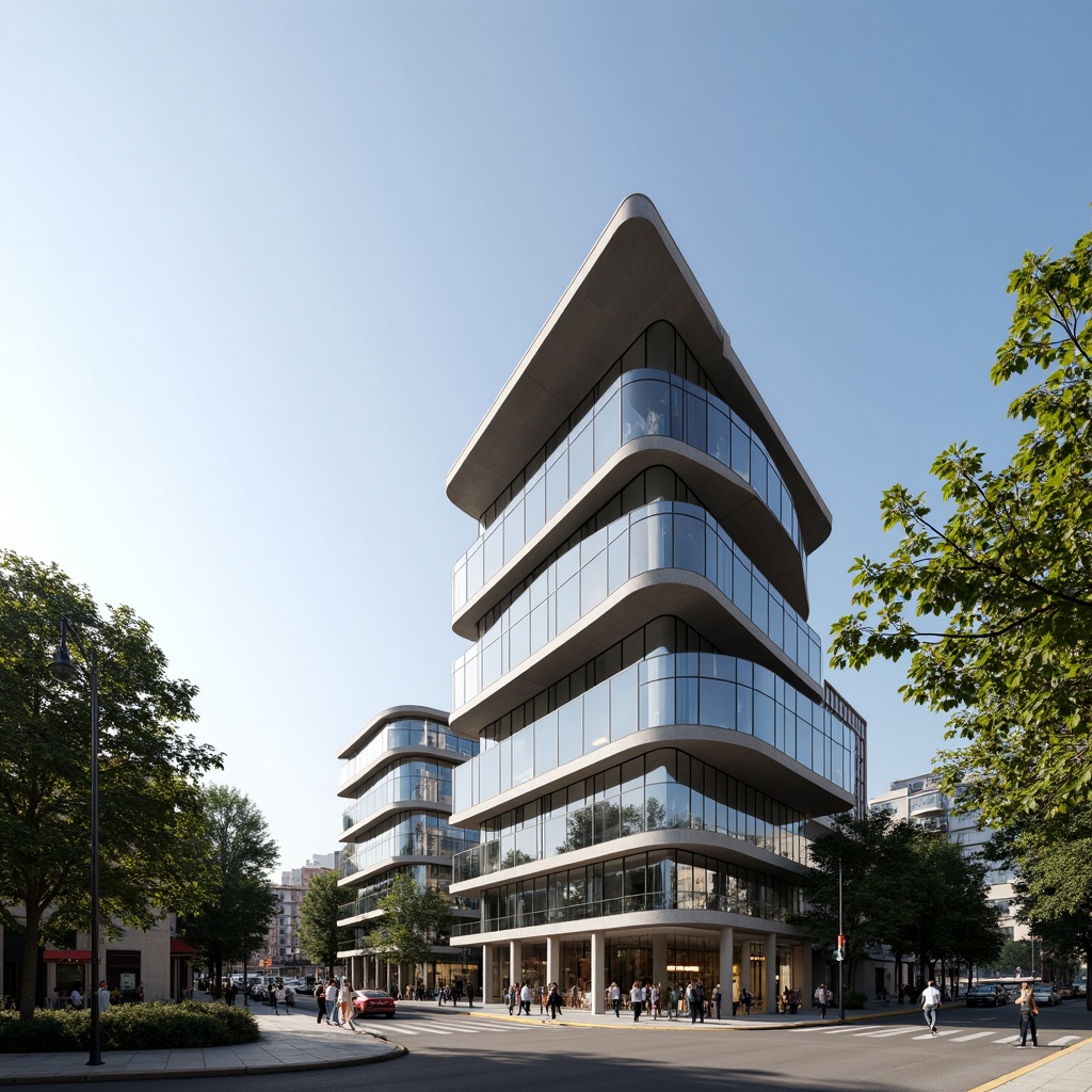 Prompt: Sleek public administration building, modernist architecture, clean lines, rectangular forms, minimal ornamentation, functional design, large glass facades, steel frames, cantilevered floors, asymmetrical compositions, abstract sculptures, urban cityscape, busy streets, morning light, soft shadows, 1/2 composition, low-angle shot, realistic materials, ambient occlusion.