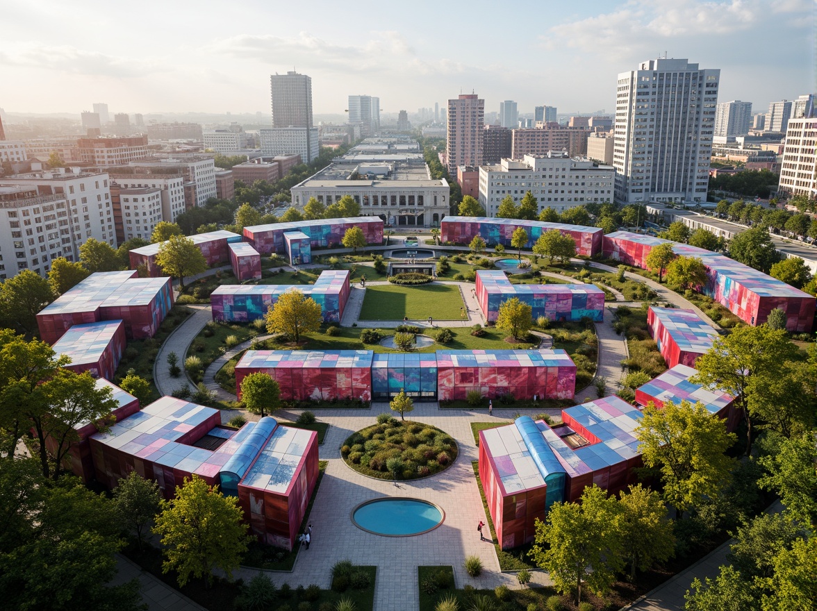 Prompt: Vibrant cultural center, modular architecture, interconnected blocks, dynamic shapes, bold color schemes, iridescent materials, futuristic fa\u00e7ades, LED light installations, undulating rooftops, green walls, urban oasis, bustling cityscape, morning sunlight, soft focus, shallow depth of field, 1/1 composition, symmetrical framing, high contrast, detailed textures, ambient occlusion.